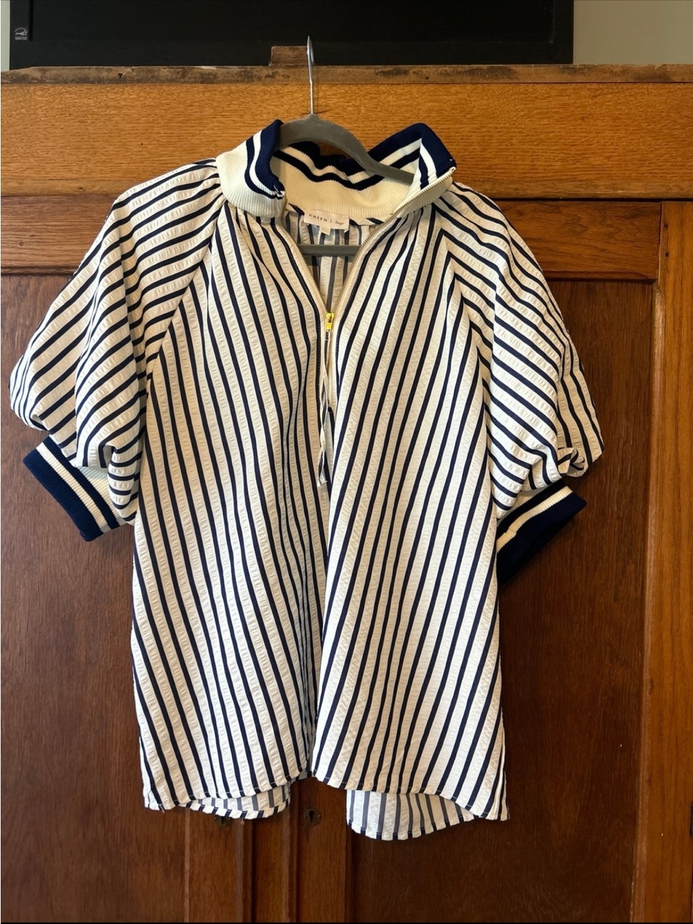 Entro Navy and White Striped Zip Polo Large